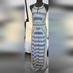London Times Blue and Orange Patterned Maxi Dress